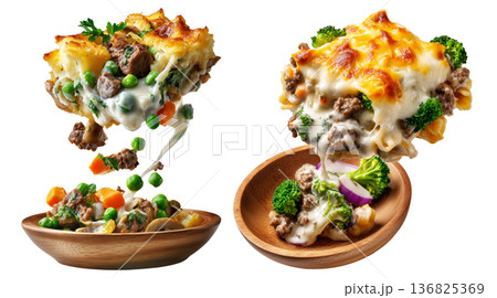Midwest Hotdish cottage pie slice with mashed potatoes, beef, and vegetables isolated on white transparent background Midwest Hotdish cottage pie slice with mashed potatoes, beef, and vegetables isolated on white transparent background 136825369