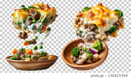 Midwest Hotdish cottage pie slice with mashed potatoes, beef, and vegetables isolated on white transparent background Midwest Hotdish cottage pie slice with mashed potatoes, beef, and vegetables isolated on white transparent background 136825369