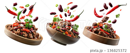 Southwest Tex-Mex Chili con carne beef chili stir-fry with or without beans isolated on white background, concept of hot cuisine 136825372