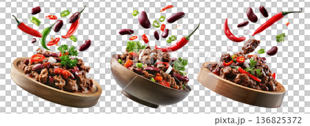 Southwest Tex-Mex Chili con carne beef chili stir-fry with or without beans isolated on white background, concept of hot cuisine 136825372