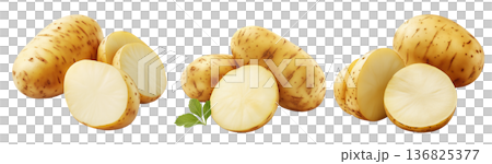 Potato with skin imperfections, isolated on white transparent background, concept of natural produce Potato with skin imperfections, isolated on white transparent background, concept of natural produce 136825377