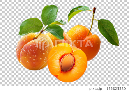 Juicy whole and halved apricots with green leaves and water droplets, on white background, concept of freshness and healthy eating Juicy whole and halved apricots with green leaves and water droplets, on white background, concept of freshness and healthy eating 136825380