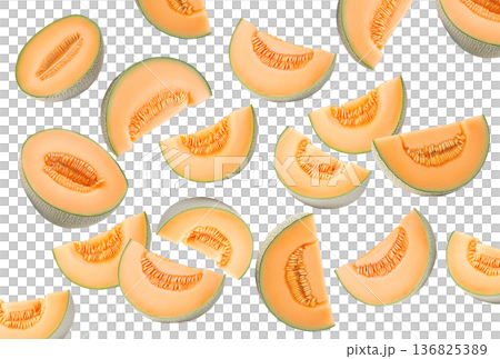 Fresh cantaloupe melon wedges with seeds displayed in a scattered seamless pattern, on white background, concept of summer fruit 136825389