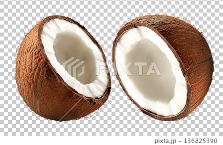 Halved ripe coconuts with fibrous brown shells and white meat, isolated on white background, concept of tropical fruits Halved ripe coconuts with fibrous brown shells and white meat, isolated on white background, concept of tropical fruits 136825390