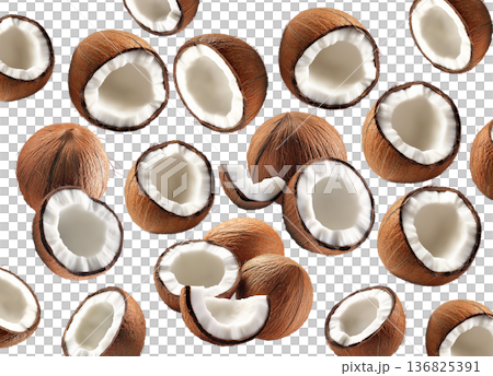 Halved ripe coconuts with fibrous brown shells and white meat, isolated on white background, concept of tropical fruits Halved ripe coconuts with fibrous brown shells and white meat, isolated on white background, concept of tropical fruits 136825391