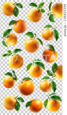 Fresh whole and sliced grapefruits with green leaves and water drops on white background, citrus freshness and fruit pattern 136825394