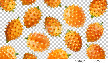 Multiple horned orange kiwano fruits with green tips isolated on white background, concept of exotic fruit freshness 136825396