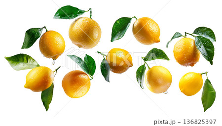 Juicy yellow lemons with green leaves and water drops, isolated on white background. Concept of freshness and citrus Juicy yellow lemons with green leaves and water drops, isolated on white background. Concept of freshness and citrus 136825397
