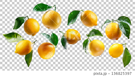 Juicy yellow lemons with green leaves and water drops, isolated on white background. Concept of freshness and citrus Juicy yellow lemons with green leaves and water drops, isolated on white background. Concept of freshness and citrus 136825397