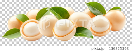 Whole and halved longan fruits with juicy translucent flesh and green leaves isolated on white background Whole and halved longan fruits with juicy translucent flesh and green leaves isolated on white background 136825398