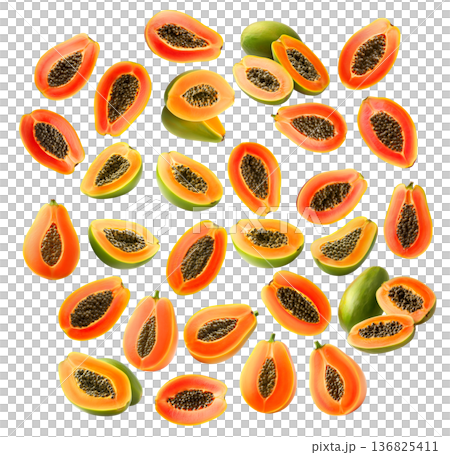 Multiple ripe papaya halves with dark seeds shown isolated on white background, representing a fresh tropical fruit concept Multiple ripe papaya halves with dark seeds shown isolated on white background, representing a fresh tropical fruit concept 136825411