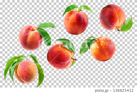 Whole and halved ripe peaches with green leaves and water droplets on white background, freshness and natural fruit concept Whole and halved ripe peaches with green leaves and water droplets on white background, freshness and natural fruit concept 136825412