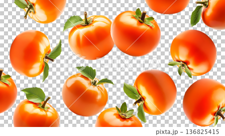 Multiple ripe orange persimmons with green leaves isolated on white background, concept of organic healthy food Multiple ripe orange persimmons with green leaves isolated on white background, concept of organic healthy food 136825415