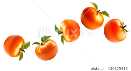 Multiple ripe orange persimmons with green leaves isolated on white background, concept of organic healthy food 136825416
