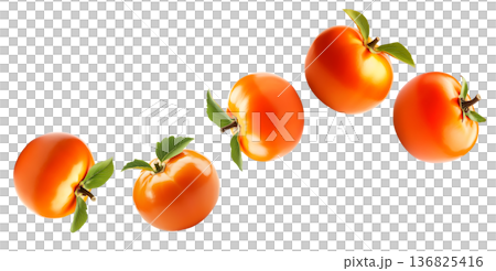 Multiple ripe orange persimmons with green leaves isolated on white background, concept of organic healthy food 136825416