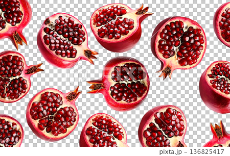 Multiple fresh red pomegranates with water droplets in a seamless pattern, isolated on a white background, concept of freshness 136825417
