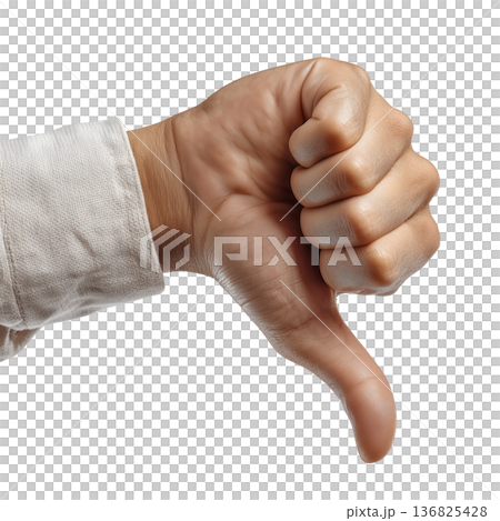 Close-up of male hand doing thumbs down sign isolated on white background. Concept of disapproval, rejection, or negative feedback Close-up of male hand doing thumbs down sign isolated on white background. Concept of disapproval, rejection, or negative feedback 136825428