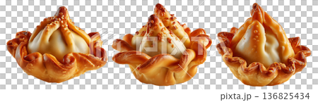 Set of Sambousek small crescent baked dumpling with twisted and pinched crust with cheese or meat, isolated on white background 136825434