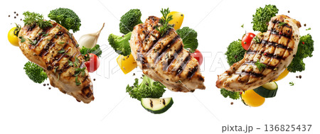 Grilled chicken breast with herbs, broccoli florets, and cherry tomatoes, isolated on white transparent background 136825437
