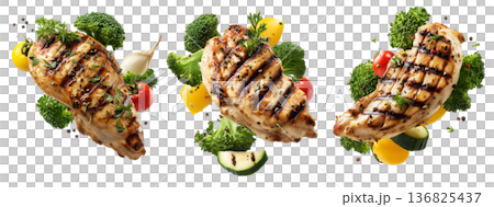Grilled chicken breast with herbs, broccoli florets, and cherry tomatoes, isolated on white transparent background 136825437