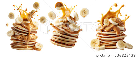 Stack of pancakes topped with banana slices and peanut butter splash isolated on white transparent background Stack of pancakes topped with banana slices and peanut butter splash isolated on white transparent background 136825438