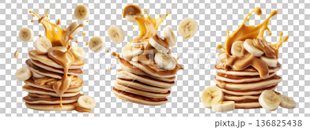 Stack of pancakes topped with banana slices and peanut butter splash isolated on white transparent background Stack of pancakes topped with banana slices and peanut butter splash isolated on white transparent background 136825438