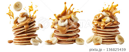 Stack of pancakes topped with banana slices and peanut butter splash isolated on white transparent background 136825439