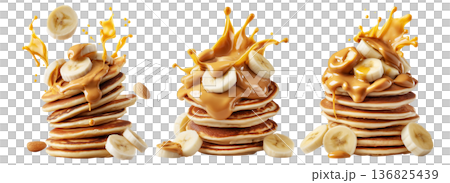 Stack of pancakes topped with banana slices and peanut butter splash isolated on white transparent background 136825439