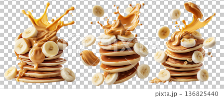 Stack of pancakes topped with banana slices and peanut butter splash isolated on white transparent background Stack of pancakes topped with banana slices and peanut butter splash isolated on white transparent background 136825440