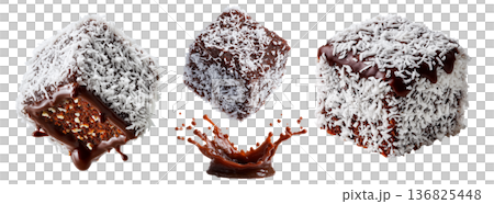 Chocolate-coated sponge lamington sponge cake covered in shredded coconut isolated on white background Chocolate-coated sponge lamington sponge cake covered in shredded coconut isolated on white background 136825448