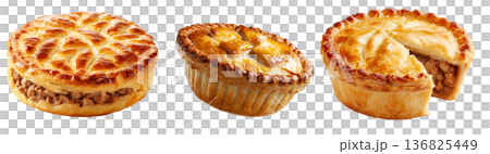 Australia meat pie with minced beef and gravy and crisp flaky crust isolated on white background. Concept of homemade comfort food Australia meat pie with minced beef and gravy and crisp flaky crust isolated on white background. Concept of homemade comfort food 136825449
