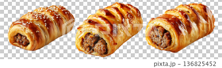 Australia sausage roll with golden puff pastry and meat filling, isolated on white background, concept of baked snacks Australia sausage roll with golden puff pastry and meat filling, isolated on white background, concept of baked snacks 136825452