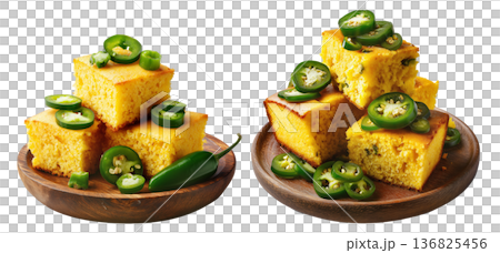 Spicy cornbread squares with fresh jalapeno slices on wooden plate, isolated on white transparent background 136825456