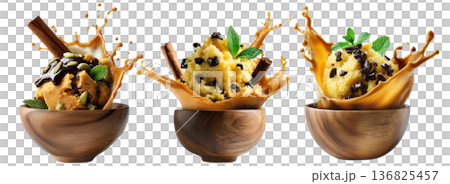 Yellow ice cream with chocolate chips, molasses and mint leaves in wooden bowl, surrounded by splash of caramel, isolated on white Yellow ice cream with chocolate chips, molasses and mint leaves in wooden bowl, surrounded by splash of caramel, isolated on white 136825457