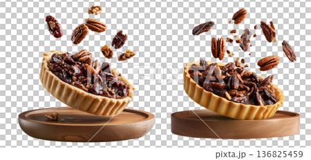 Sweet glazed pecan tart pie with golden crust and caramelized nut topping, isolated on white background, concept of dessert 136825459