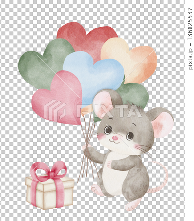 Cute watercolor gray mouse holding colorful heart-shaped balloons and gift box with pink satin bow. Illustration isolated on white background. For children's cards, holiday decorations, and design Cute watercolor gray mouse holding colorful heart-shaped balloons and gift box with pink satin bow. Illustration isolated on white background. For children's cards, holiday decorations, and design 136825537