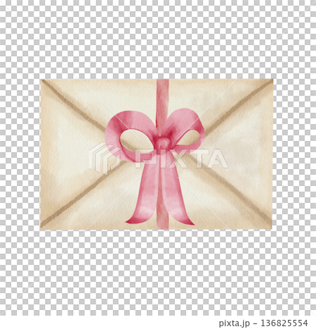 Watercolor vintage envelope with an elegant pink bow. Illustration, hand-drawn, isolated on white background, for romantic greeting cards, stationery design, invitation and decorative projects Watercolor vintage envelope with an elegant pink bow. Illustration, hand-drawn, isolated on white background, for romantic greeting cards, stationery design, invitation and decorative projects 136825554