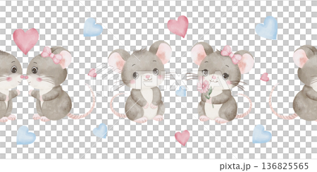 Cute seamless border with watercolor illustrations of mice, bows, pink and blue heart. Design for children's nursery decor, romantic Valentine's projects, baby shower. White background, hand-drawn 136825565