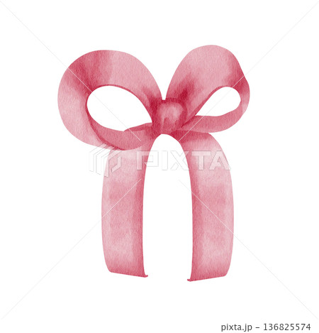 Pink satin bow. Watercolor illustration of an accessory, isolated on white background, hand-drawn. For gift design, romantic holiday decorations, party and festive, baby shower decor Pink satin bow. Watercolor illustration of an accessory, isolated on white background, hand-drawn. For gift design, romantic holiday decorations, party and festive, baby shower decor 136825574