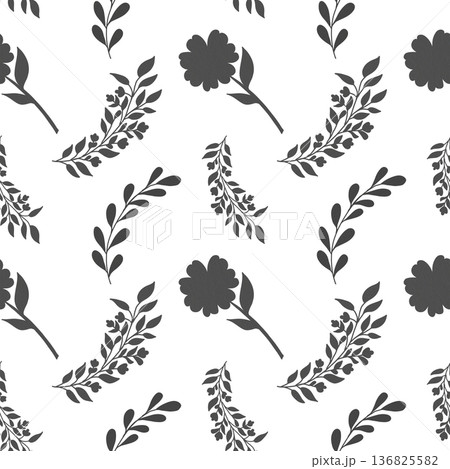Elegant seamless pattern black and white with silhouettes of daisies and branches. Hand-drawn, white background. For wallpaper, fabric, textiles, interior decor, stationery, wrapping paper 136825582
