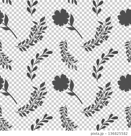 Elegant seamless pattern black and white with silhouettes of daisies and branches. Hand-drawn, white background. For wallpaper, fabric, textiles, interior decor, stationery, wrapping paper 136825582