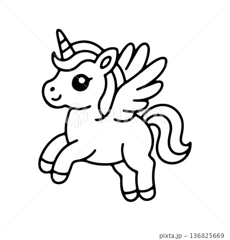Cute winged unicorn jumping playfully in a simple black and white design for children s coloring or art projects Cute winged unicorn jumping playfully in a simple black and white design for children s coloring or art projects 136825669