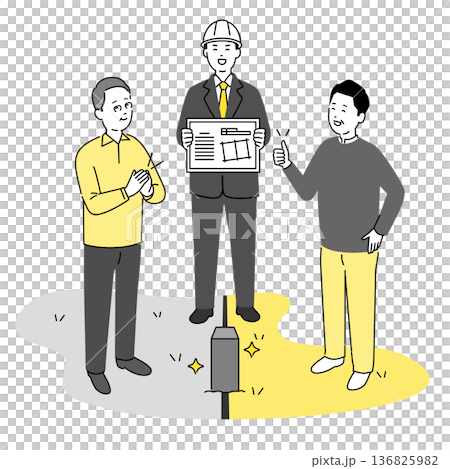 測量_土地境界の合意イラスト　土地家屋調査士による境界確認と近隣住民の合意成立 136825982
