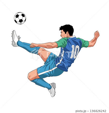 Powerful soccer player executing a strong and dynamic kick, showcasing skill and athleticism on the field 136826242