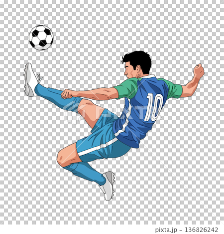 Powerful soccer player executing a strong and dynamic kick, showcasing skill and athleticism on the field 136826242