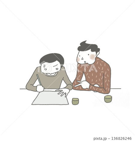 お金のことを話し合う夫婦 136826246