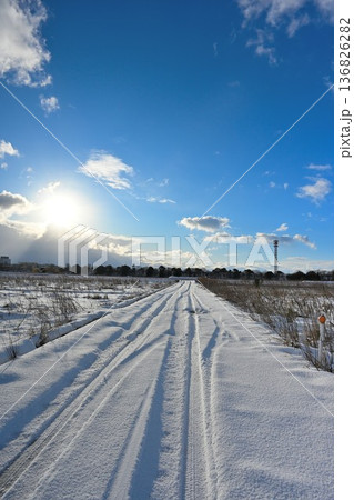 轍が残る雪の農道（新潟県新潟市） 136826282