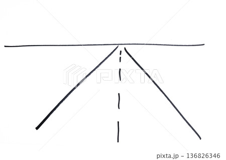 a straight road in the plain drawn with a black marker 136826346