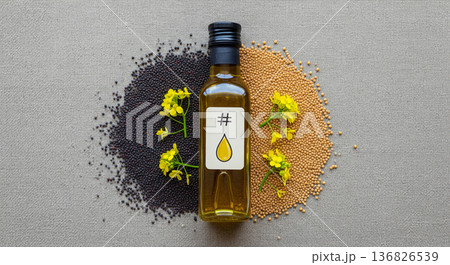 Exploring mustard seed oil with herbs and seeds on a flat surface from a high angle 136826539