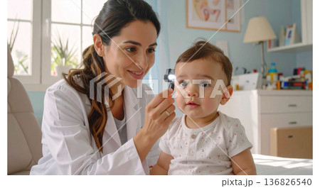 Pediatric eye doctor checks ear of infant with a small light tool in a bright clinic 136826540